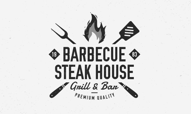 烧烤图标。牛排馆图标，海报模板与烧烤叉，抹刀和火焰。烧烤海报设计餐厅，牛排屋。矢量图图片下载
