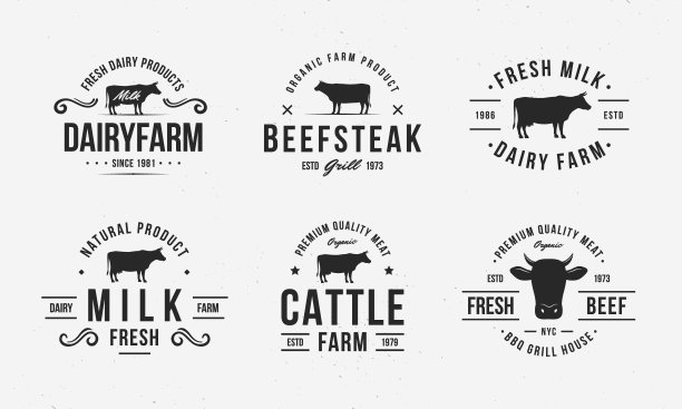 牛，牛肉图标设置。肉制品、肉类和奶制品的标志模板。矢量图图片下载