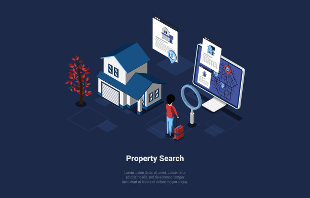 矢量插图。卡通3D风格与角色。等距构图论属性搜索概念。一名男子站在电脑显示器旁，屏幕上有地图和导航标志。附近的房屋建筑图片下载