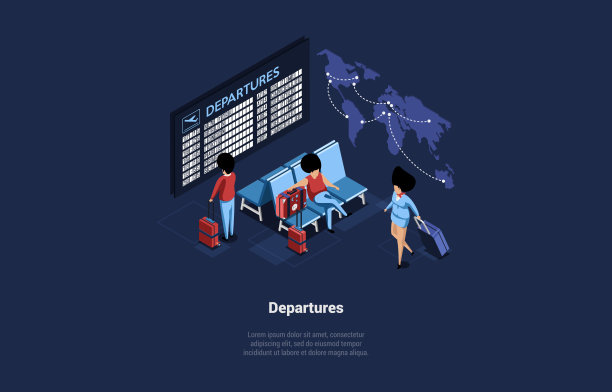 矢量插图。卡通3D风格与角色。空中旅行离境表概念的等距构成。等待的人们，写着文字的屏幕，带着行李坐着的乘客图片下载