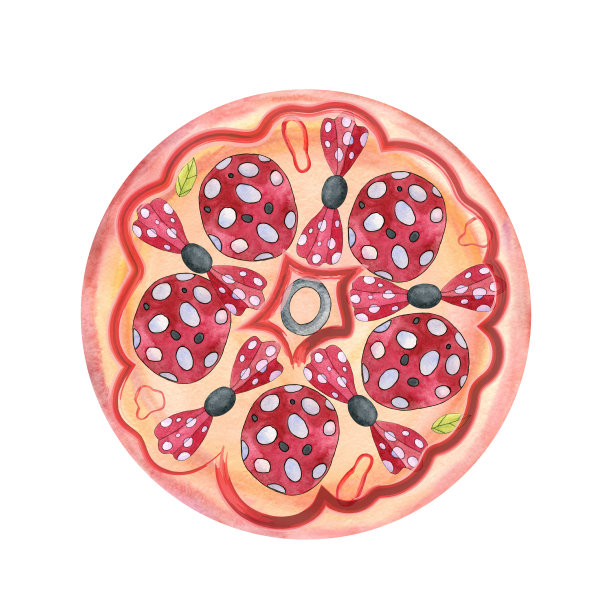 水彩披萨配意大利腊肠和橄榄图片下载