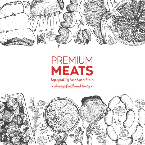 肉和香肠的俯视图。雕刻风格的背景。手绘矢量插图。肉制品设计模板图片下载