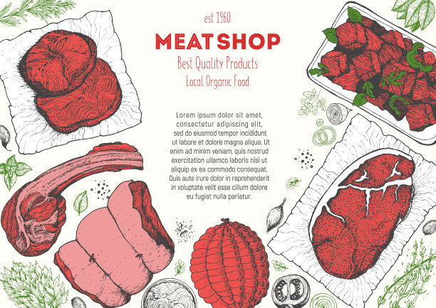 肉类和香肠顶视图框架。矢量插图。雕刻设计。手绘插图。肉制品设计模板。图片下载
