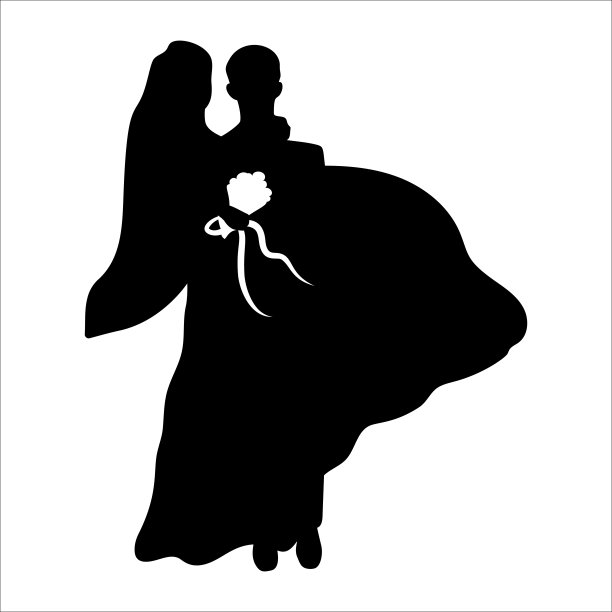 新郎和新娘手持花束的剪影。黑色的形状。图片下载