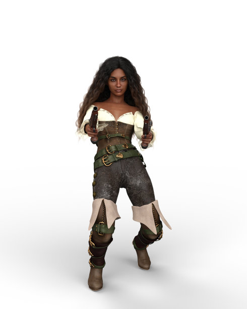 一个美丽的年轻海盗女人射击两个手枪孤立在白色背景的3D插图。图片下载