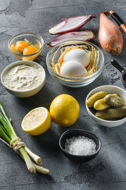 有机酱料鞑靼与原料鸡蛋，刺山柑，蔬菜，香草和香料在灰色石头纹理的桌子侧视图垂直照片图片下载