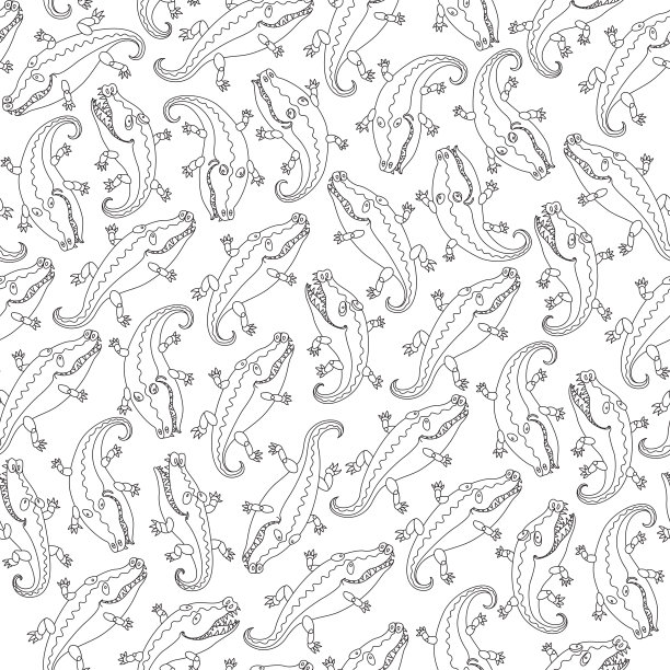向量无缝佩斯利小鳄鱼图案在一个白色的背景。成人及儿童涂色书页图片下载