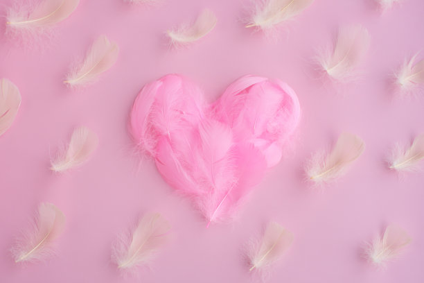 心形的明亮的粉红色羽毛，绒毛和绒毛在粉红色的背景。白色羽毛的图案。概念情人节，浪漫，爱，情人墙纸，情人图片下载