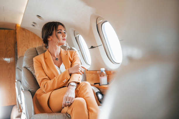 穿着黄色衣服的年轻女乘客正在飞机上飞行图片下载