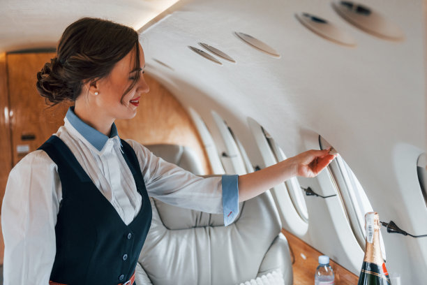 年轻的空中小姐在客机上工作图片下载