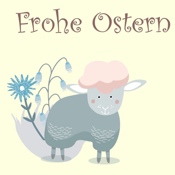 复活节快乐的德语字母Frohe Ostern与矢量插图的羊与花的背景上的邀请，生日，卡片，横幅。图片下载