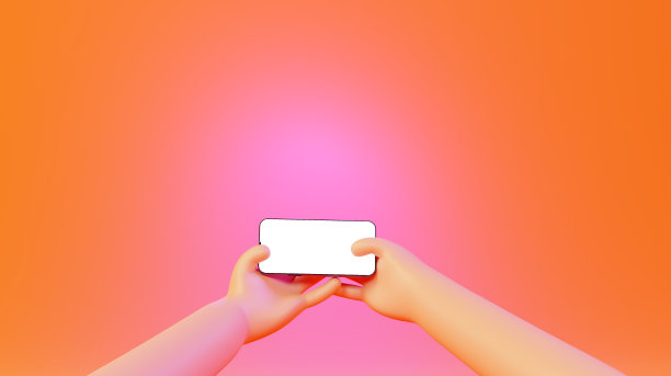 卡通手在智能手机上玩游戏，3d渲染。卡通人物的手拿着一个空屏幕的手机。手机游戏的概念。图片下载