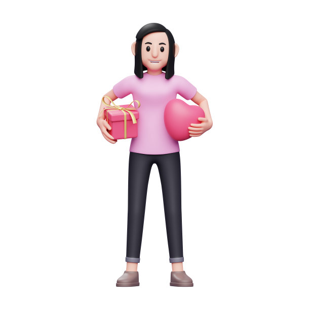 女孩拥抱礼物和心气球的双手情人节庆祝活动，3d角色插图情人节的概念图片下载