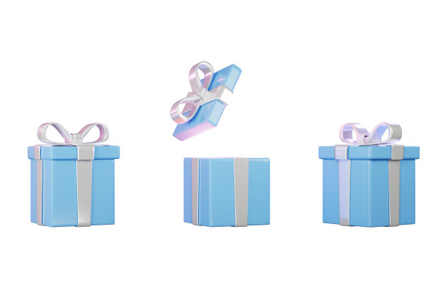 一套逼真的礼品盒，3d渲染。情人节、母亲节或生日的设计元素。蓝色礼品盒孤立在白色背景上。图片下载