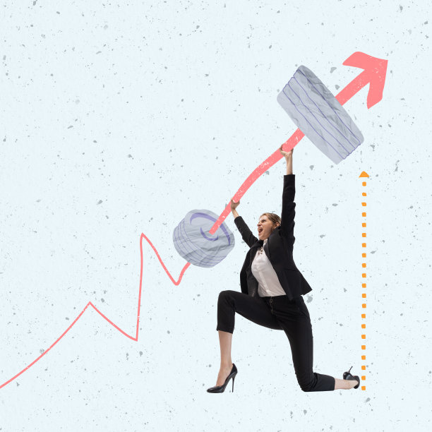 创意设计。当代艺术拼贴。女商人，积极的员工向上推着象征着商业图的沉重的杠铃图片下载