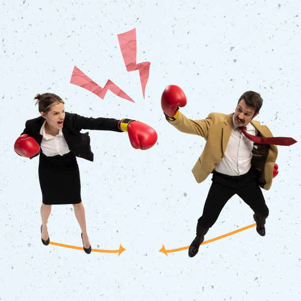 当代艺术拼贴。男人和女人，办公室职员，戴着象征商业竞争的盒子手套打架的雇员图片下载