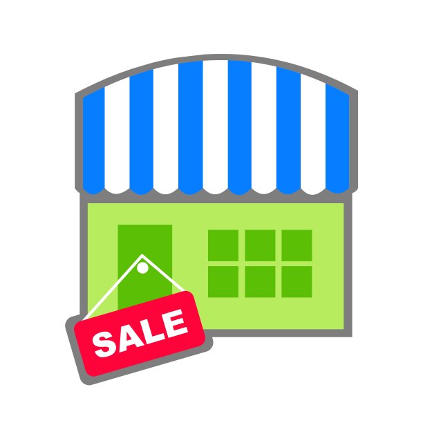 商店图标与销售标志。平面设计。插图在明亮的颜色与灰色轮廓孤立在白色背景上。图片下载