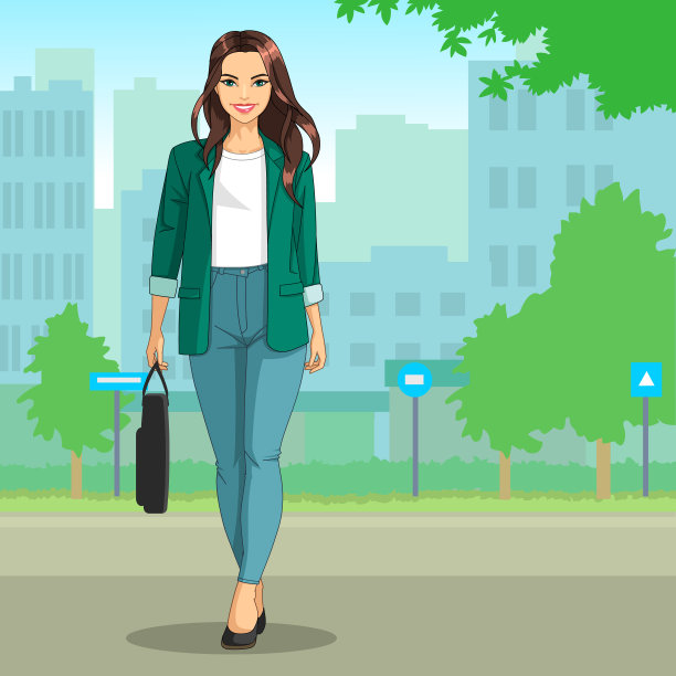 卡通风格：在城市街道上微笑的商务女人，背景是房屋和树木图片下载