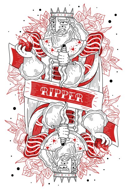 国王开膛手。国王开膛手。戴皇冠，匕首和心脏的男人，对称的图像和分割带，雕刻风格，老式的嬉皮士纹身。向量图片下载