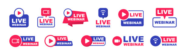 实时网络研讨会图标集。实时流媒体图标设置。直播的标志。视频会议图标。直播按钮。在线会议图标。社交媒体网络研讨会。矢量插图。图片下载