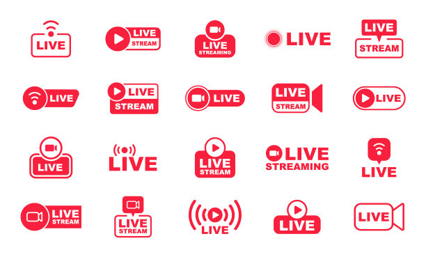 实时流媒体图标设置。直播按钮和符号。在线流图标集。直播的标志。社交媒体。矢量插图。图片下载