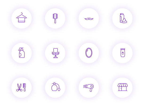 理发店紫色轮廓矢量图标在光圆形按钮紫色阴影。理发店图标设置网页，移动应用程序，UI设计和打印图片下载