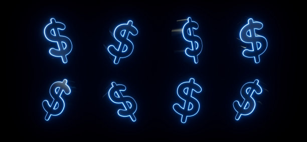 旋转模组黑色美元符号与未来发光的蓝色霓虹灯- 3D插图图片下载