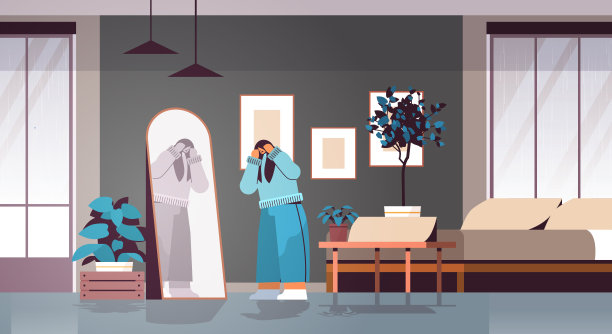 不快乐抑郁的女人看着镜子，绝望的女孩感觉心理健康疾病抑郁应激概念图片下载