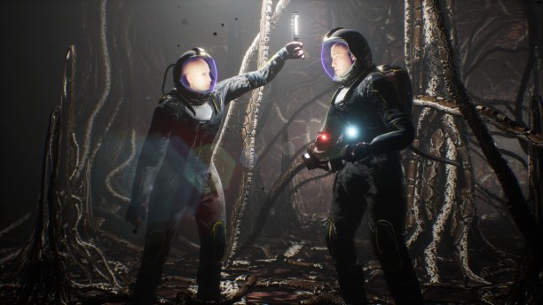 在一个外星星球上的宇航员发现他们自己在一个洞穴与外星人噩梦生物。殖民未开发星球的概念。这张图片非常适合作为科幻小说或太空背景。三维渲染图片下载