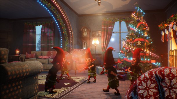 快乐的魔法精灵在圣诞节那天在圣诞老人的房子里跳舞。圣诞及除夕气氛概念。该图像是理想的圣诞和新年前夕的背景。三维渲染图片下载