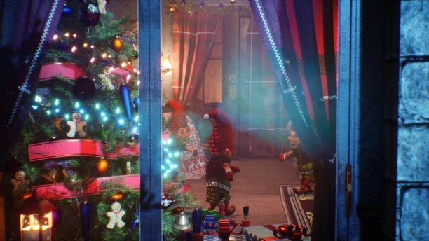 快乐的魔法精灵在圣诞节那天在圣诞老人的房子里跳舞。圣诞及除夕气氛概念。该图像是理想的圣诞和新年前夕的背景。三维渲染图片下载