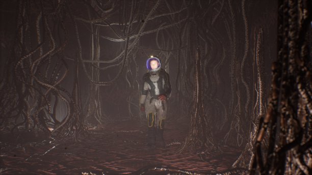 一名宇航员走过一个可怕的外星洞穴，那里居住着噩梦般的生物。殖民尚未探索的遥远星球的概念。这张照片非常适合太空和科幻背景。三维渲染图片下载