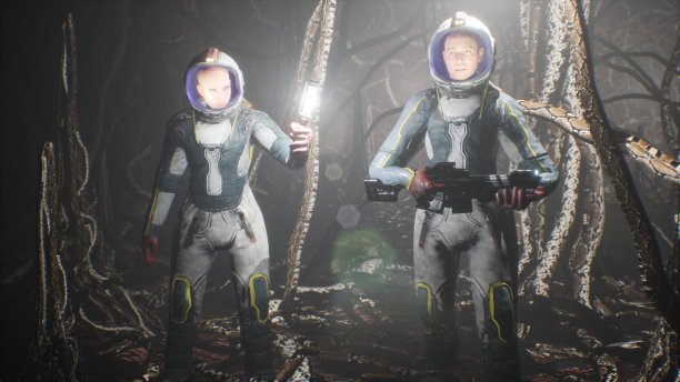 在一个外星星球上的宇航员发现他们自己在一个洞穴与外星人噩梦生物。殖民未开发星球的概念。这张图片非常适合作为科幻小说或太空背景。三维渲染图片下载