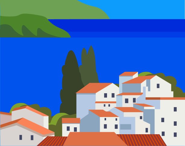 地中海景观与白色城镇平面风格矢量插图图片下载