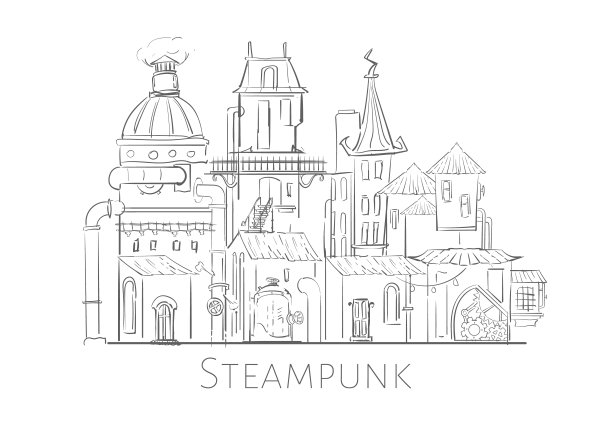 蒸汽朋克市中心城市景观草图手绘矢量插图图片下载