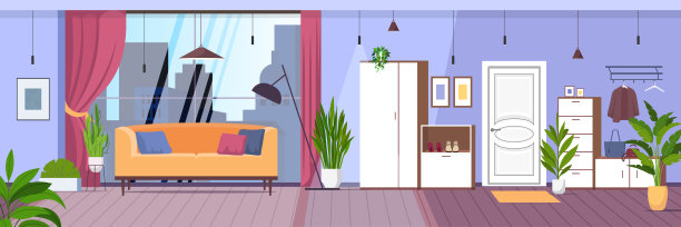 客厅室内现代家庭公寓与全景窗户水平图片下载