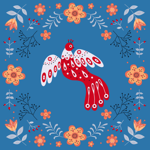 鸟，花，叶的矢量构图，不同的民间构图。斯堪的纳维亚风格的主题。民族平面插图与北欧详细在流行的颜色图片下载