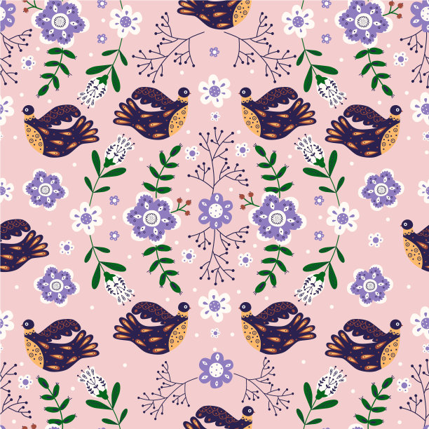 矢量无缝图案，各种鸟、花、叶与不同的民间装饰。斯堪的纳维亚风格的作品民族平面插图与北欧详细在流行的颜色图片下载