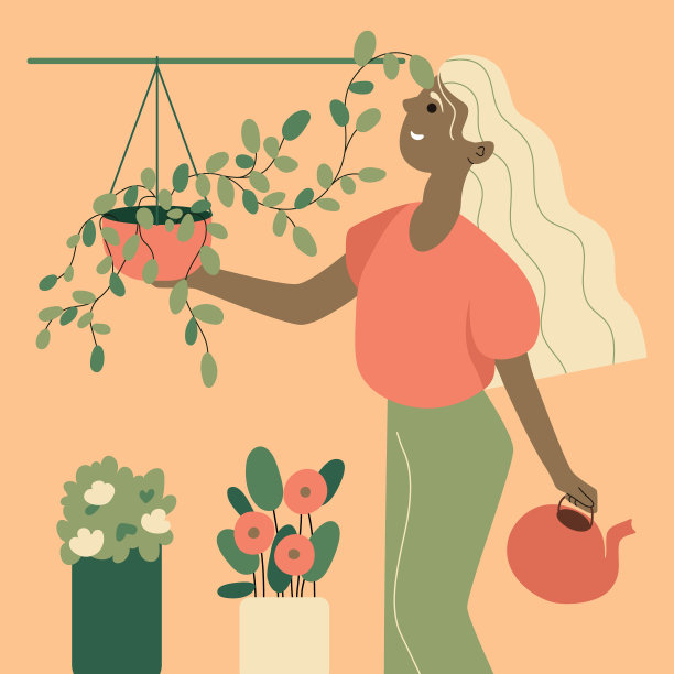 一位头发花白的非洲裔美国妇女在照料植物。给家里的植物浇水的女人。矢量插图。图片下载