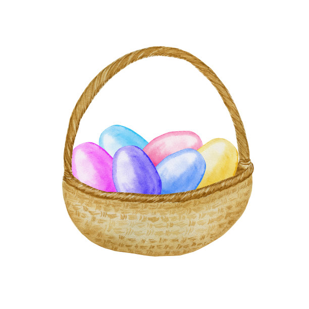 复活节篮子与彩色鸡蛋水彩插图。手绘春画。明信片和打印。图片下载