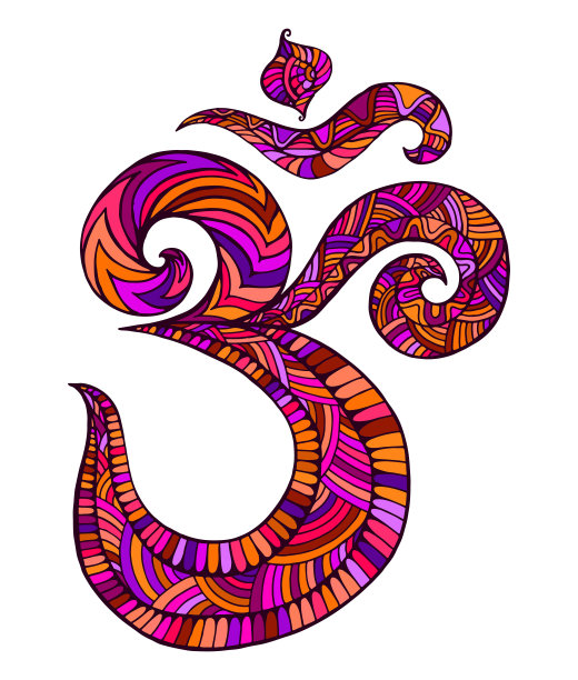 鲜艳多彩的Om象征神圣的图案配以迷宫般的点缀，孤立在白色的背景上。迷幻时尚元素奥姆。图片下载