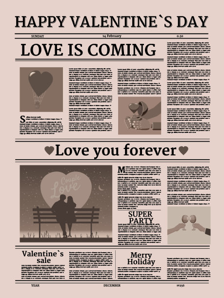 情人节的报纸，标题，难以读懂的文字，复古。矢量图的图片下载
