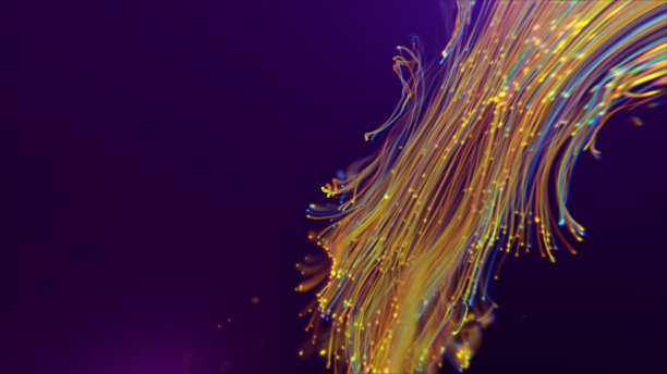 在紫色的背景上抽象闪亮的黄色设计元素的3d插图。图片下载