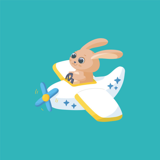 兔子或兔子操作直升机或飞机，平面矢量插图孤立在绿色背景。图片下载