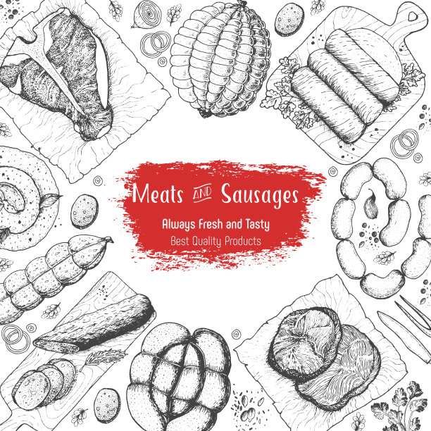 肉类和香肠顶视图框架。矢量插图。雕刻设计。手绘插图。肉制品设计模板。图片下载