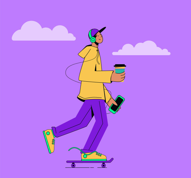 滑板上的家伙听音乐，喝咖啡。平静，忙碌，多任务处理图片下载