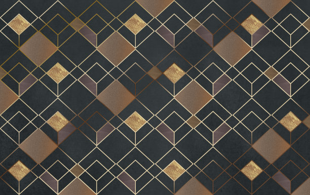 3d现代抽象墙纸。金线和三角形。几何形式在黑色背景。图片下载