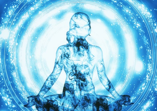 一个女人在光的空间冥想的3D插图图片下载