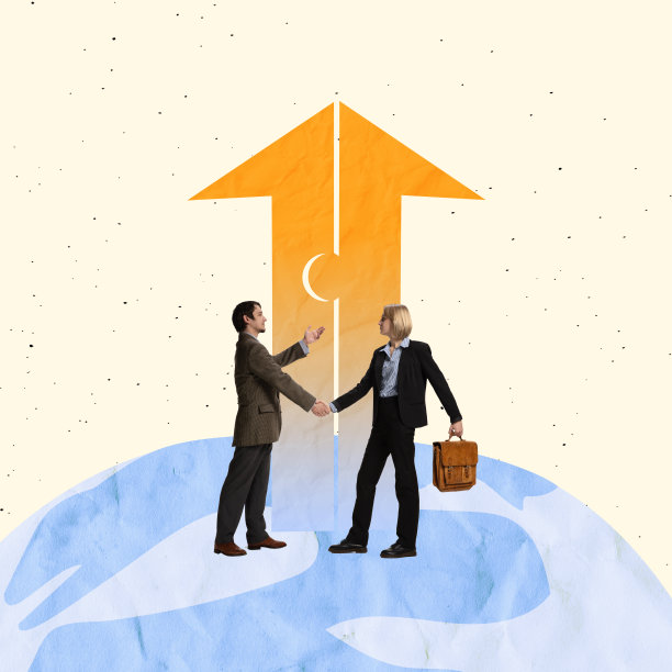 当代艺术拼贴。女人和男人，员工，经理握手，因为成功的交易和有利可图的合作图片下载