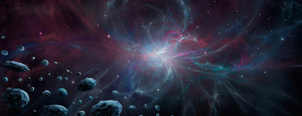 空间全景背景。彩色分形星云与小行星和星场。数字插画，3D渲染图片下载